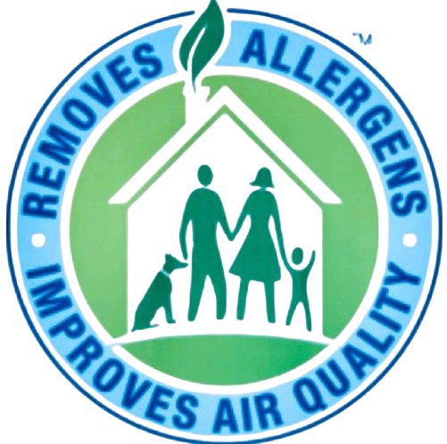 Logo showing a family silhouette inside a house with a leaf, surrounded by blue circle text reading Removes Allergens Improves Air Quality