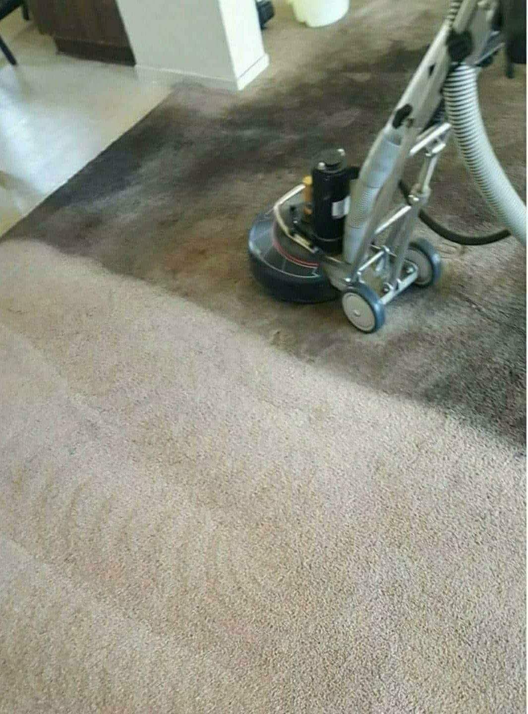 Professional carpet cleaning machine in action on beige carpet