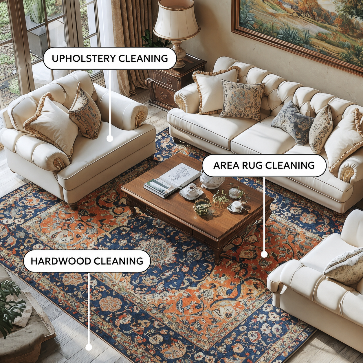 Elegant living room with labeled cleaning services for cream upholstered sofa, ornate area rug, and hardwood coffee table
